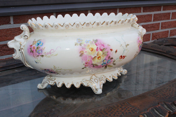 French ceramic faience planter jardiniere lion heads floral decor 1950