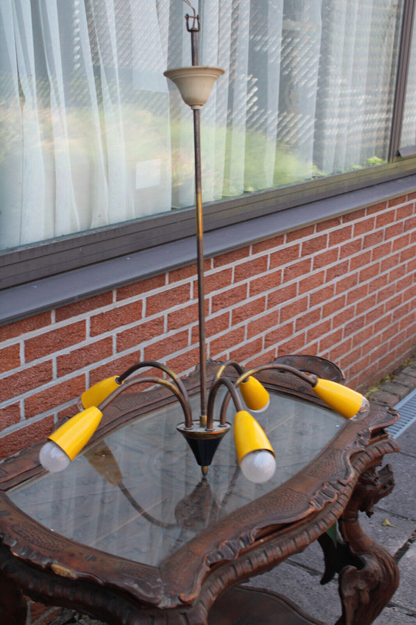 Mid century stilnovo design spider 5 arm chandelier yellow 1960
