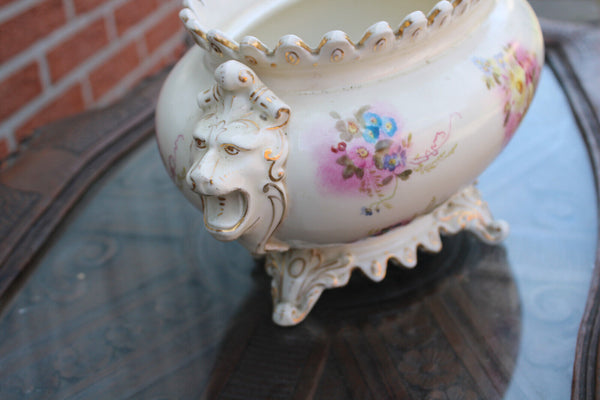 French ceramic faience planter jardiniere lion heads floral decor 1950