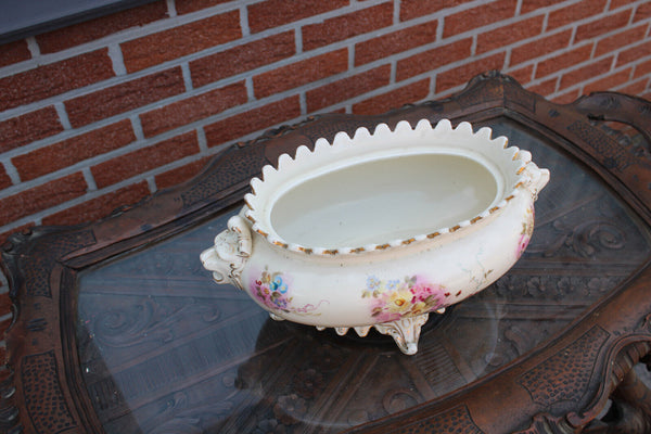 French ceramic faience planter jardiniere lion heads floral decor 1950