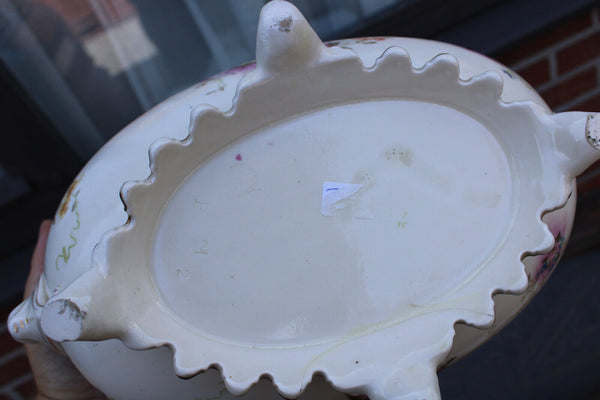 French ceramic faience planter jardiniere lion heads floral decor 1950