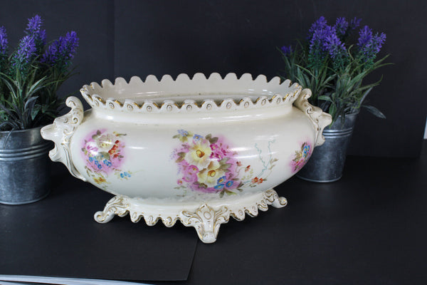 French ceramic faience planter jardiniere lion heads floral decor 1950