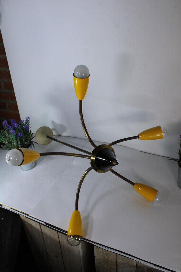Mid century stilnovo design spider 5 arm chandelier yellow 1960