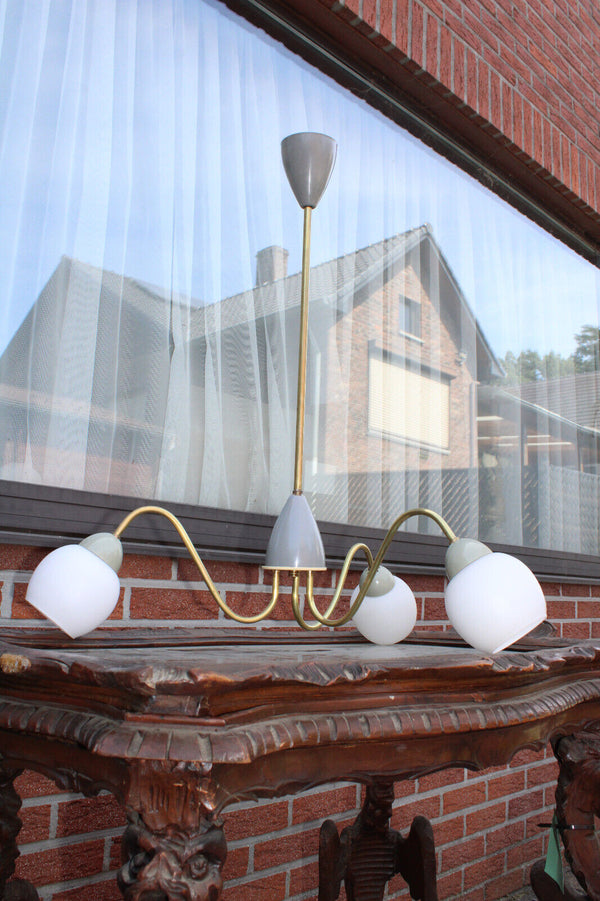 Mid century retro stilnovo design 3 arm chandelier gray opaneline shades 1970