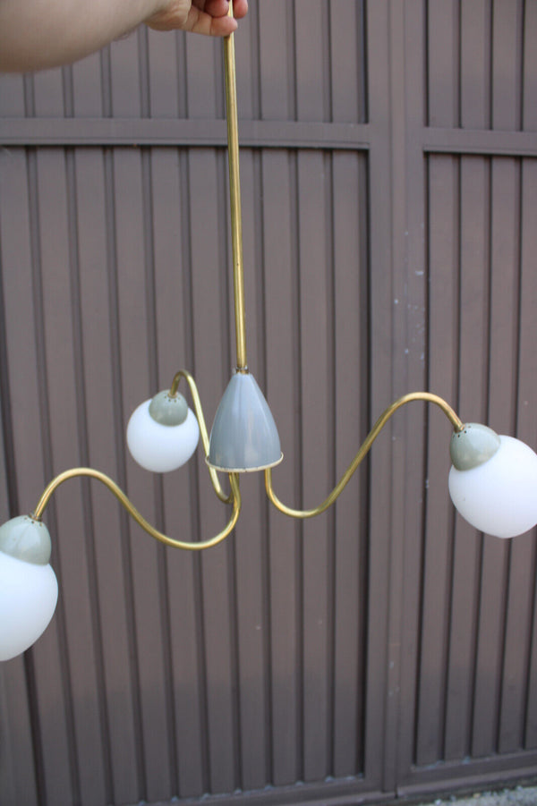 Mid century retro stilnovo design 3 arm chandelier gray opaneline shades 1970