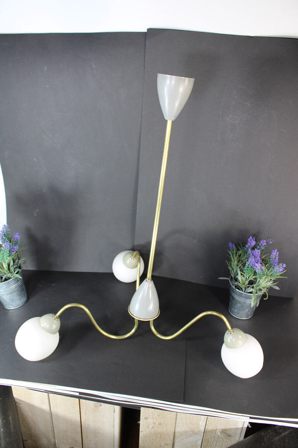 Mid century retro stilnovo design 3 arm chandelier gray opaneline shades 1970