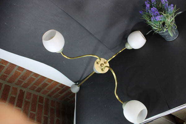 Mid century retro stilnovo design 3 arm chandelier gray opaneline shades 1970