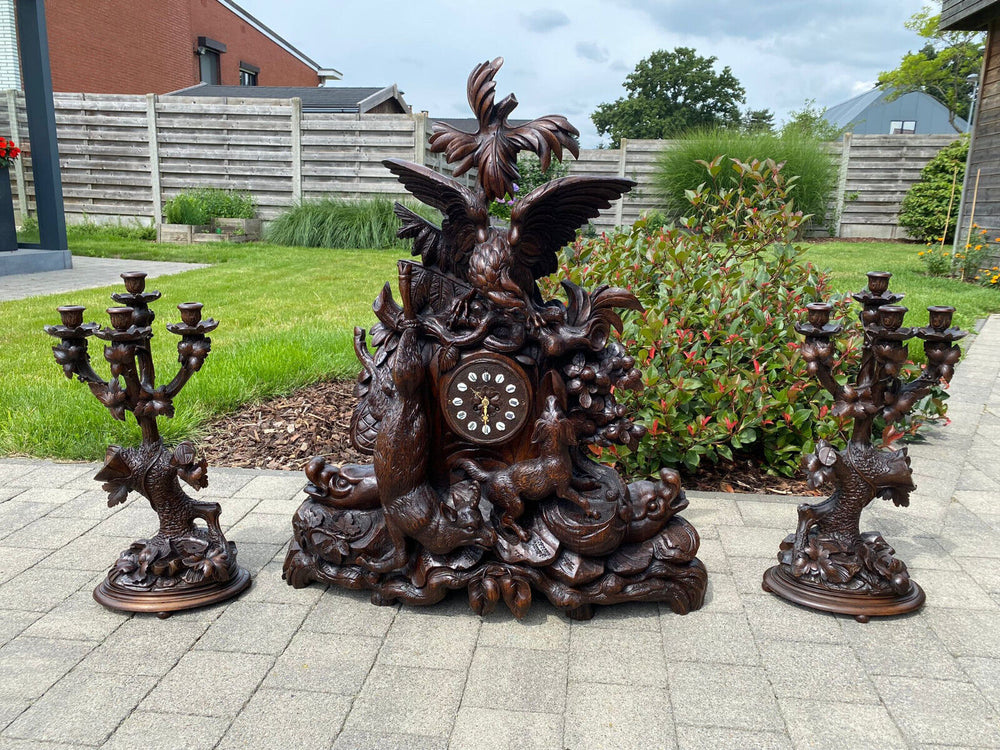 Majestical XXL BLACK FOREST wood carved clock mantel set hunting dog candelabras