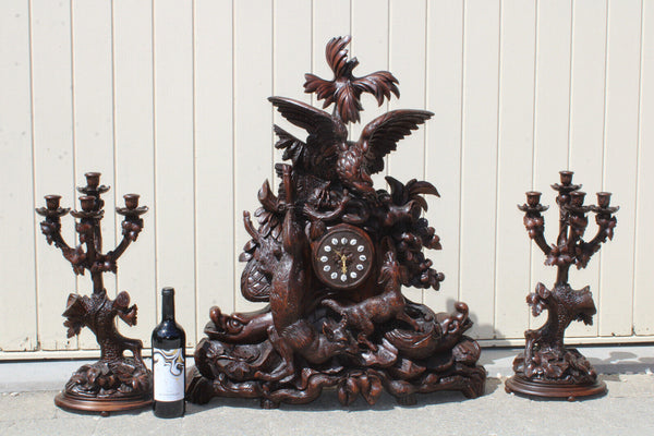 Majestical XXL BLACK FOREST wood carved clock mantel set hunting dog candelabras