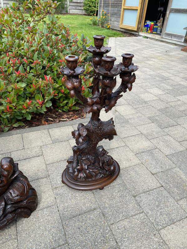 Majestical XXL BLACK FOREST wood carved clock mantel set hunting dog candelabras