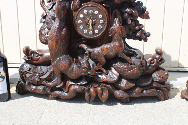 Majestical XXL BLACK FOREST wood carved clock mantel set hunting dog candelabras