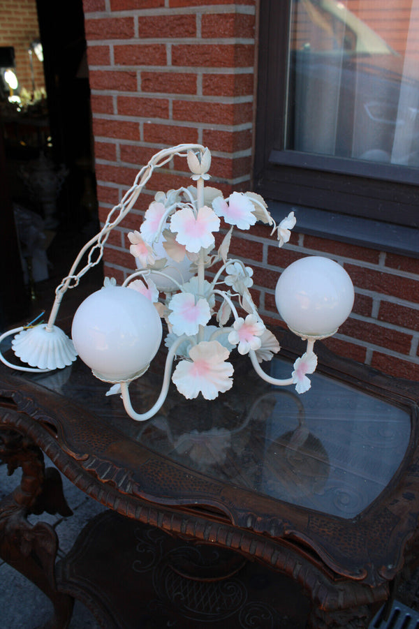 Vintage metal enamel pink white flower opaline glass globes chandelier 1970