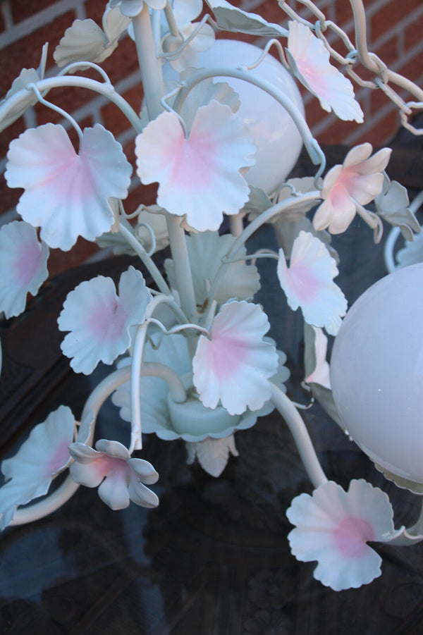 Vintage metal enamel pink white flower opaline glass globes chandelier 1970
