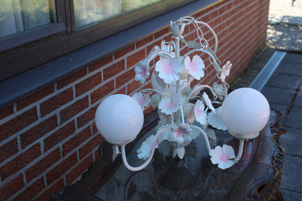 Vintage metal enamel pink white flower opaline glass globes chandelier 1970