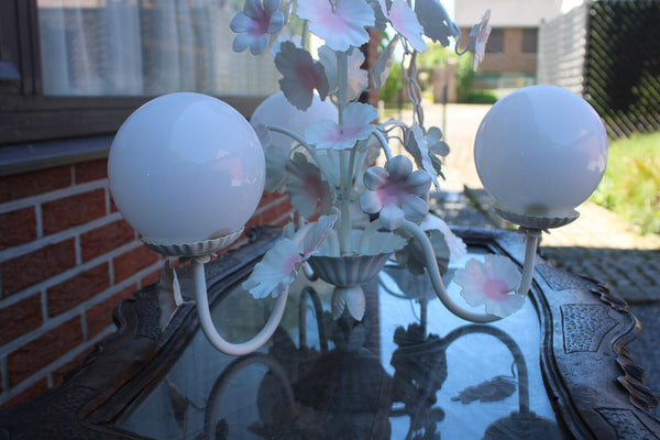 Vintage metal enamel pink white flower opaline glass globes chandelier 1970