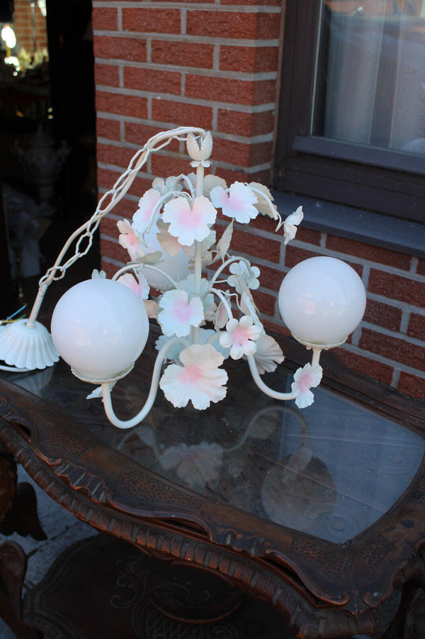 Vintage metal enamel pink white flower opaline glass globes chandelier 1970