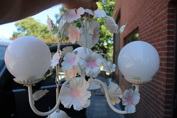 Vintage metal enamel pink white flower opaline glass globes chandelier 1970
