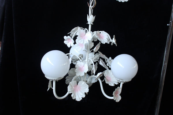 Vintage metal enamel pink white flower opaline glass globes chandelier 1970