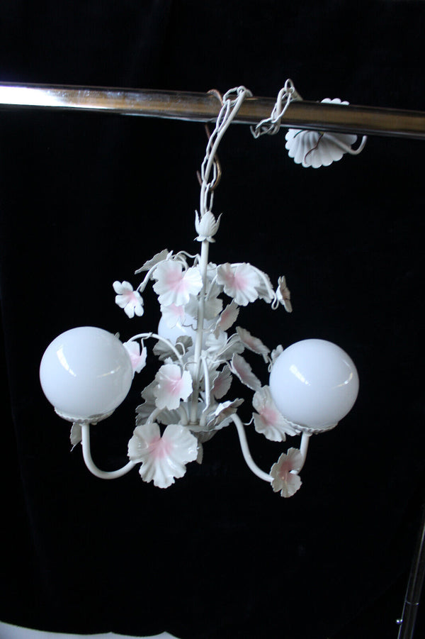 Vintage metal enamel pink white flower opaline glass globes chandelier 1970