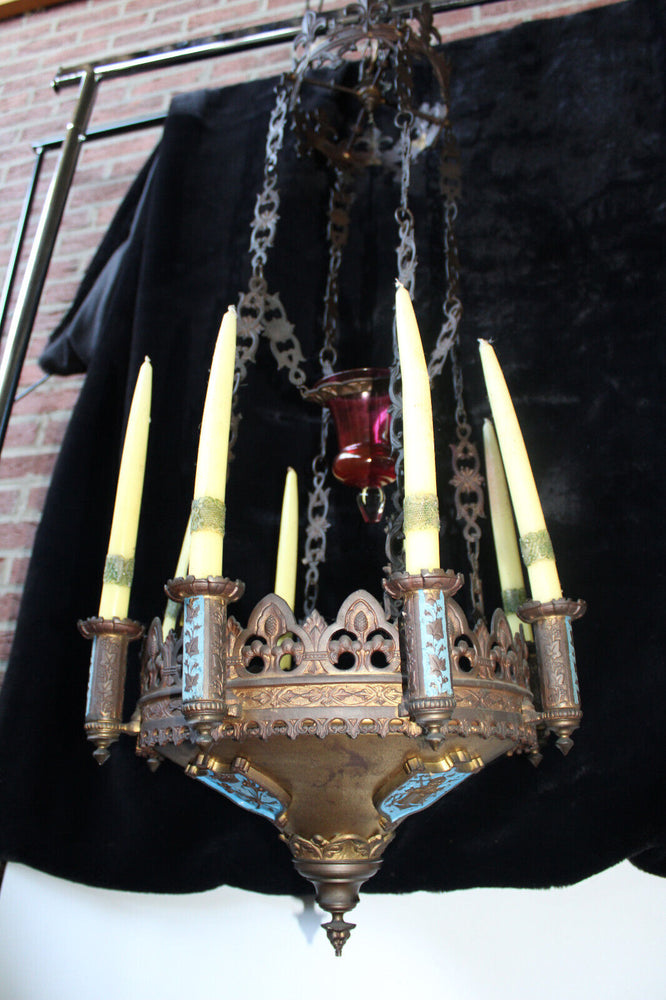 Antique 19thc church sanctuary Enamel Candle chandelier lamp neo-gothic rare