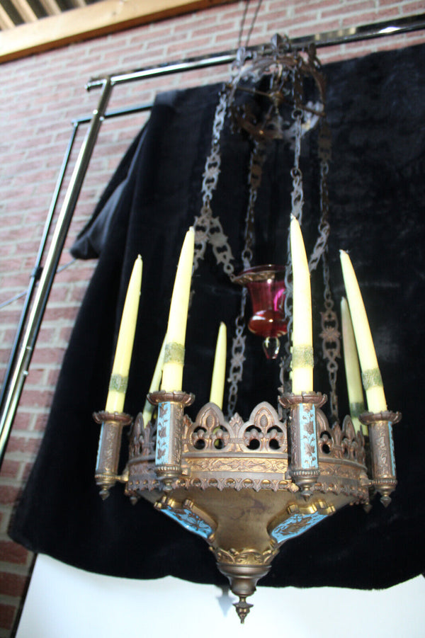 Antique 19thc church sanctuary Enamel Candle chandelier lamp neo-gothic rare