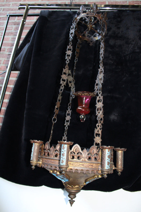 Antique 19thc church sanctuary Enamel Candle chandelier lamp neo-gothic rare