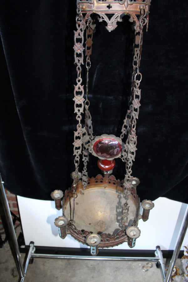 Antique 19thc church sanctuary Enamel Candle chandelier lamp neo-gothic rare