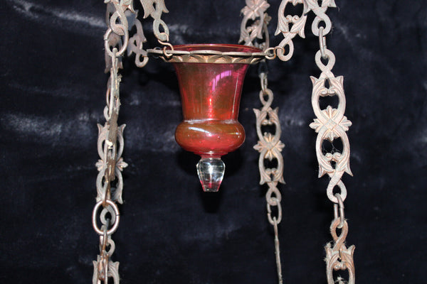 Antique 19thc church sanctuary Enamel Candle chandelier lamp neo-gothic rare