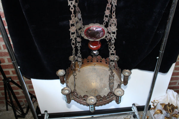 Antique 19thc church sanctuary Enamel Candle chandelier lamp neo-gothic rare