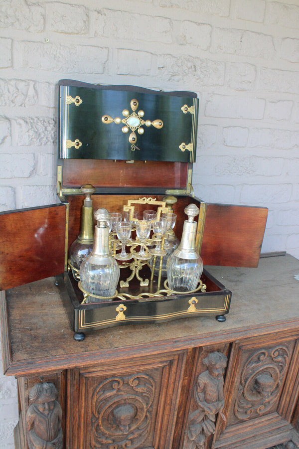 Antique napoleon III liquor cave cabinet mother pearl stones rare 19thc