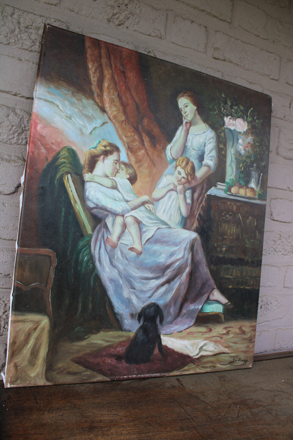 Vintage flemish school gaston quidousse oil canvas painting baby girl dog