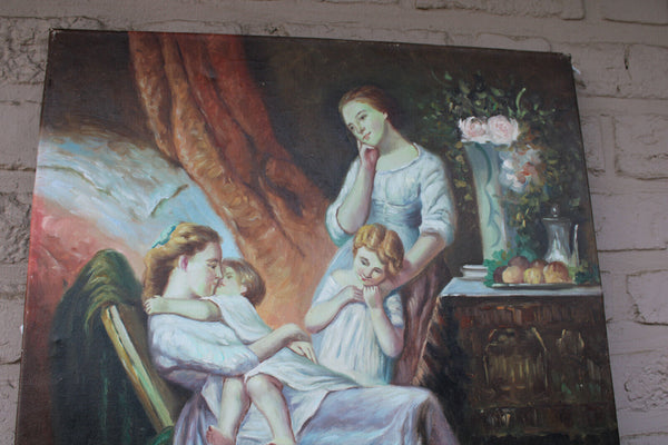 Vintage flemish school gaston quidousse oil canvas painting baby girl dog