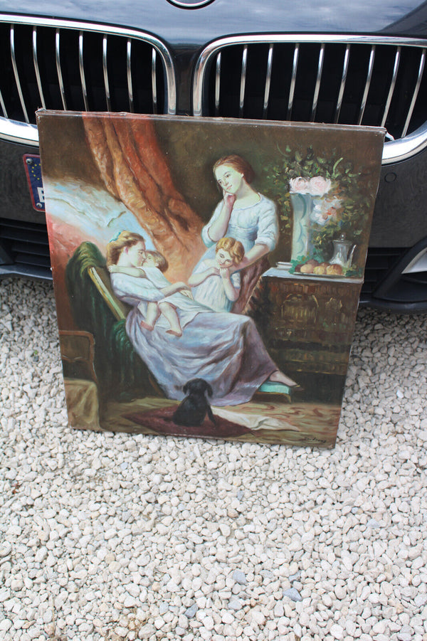 Vintage flemish school gaston quidousse oil canvas painting baby girl dog