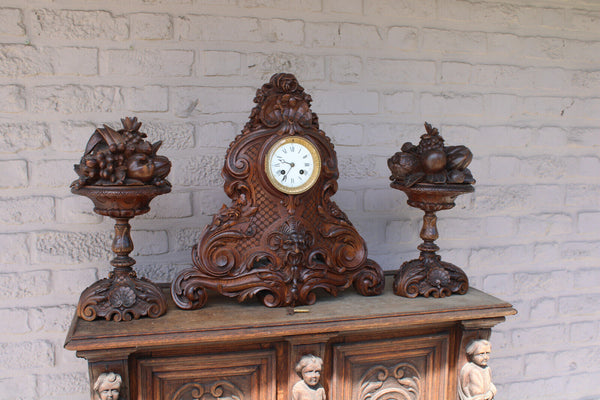 Antique Black forest wood carved mantel clock set fruit devil decor rare 19thc