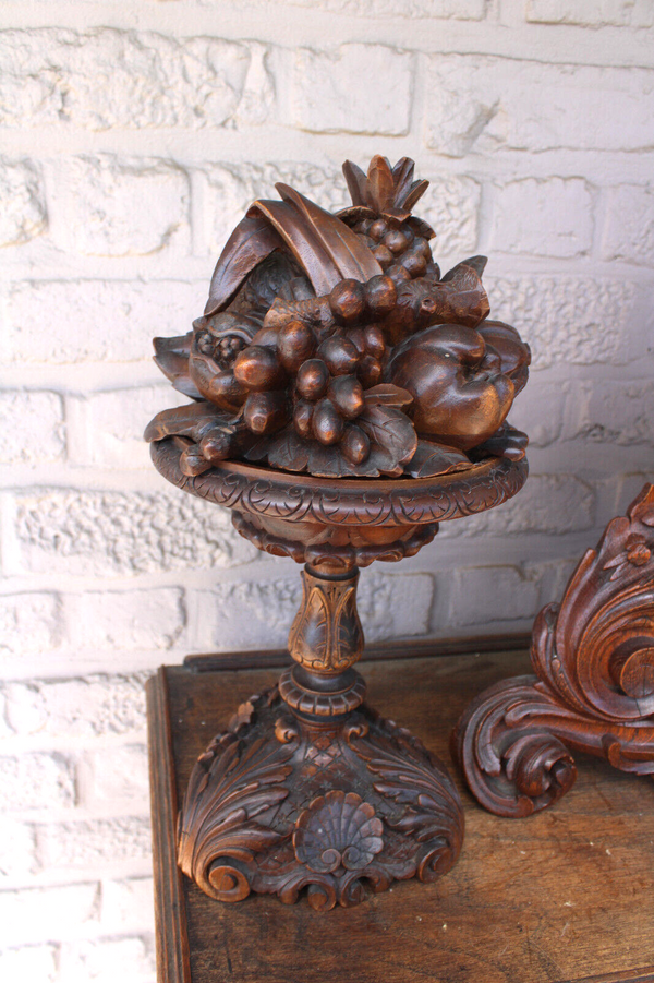 Antique Black forest wood carved mantel clock set fruit devil decor rare 19thc