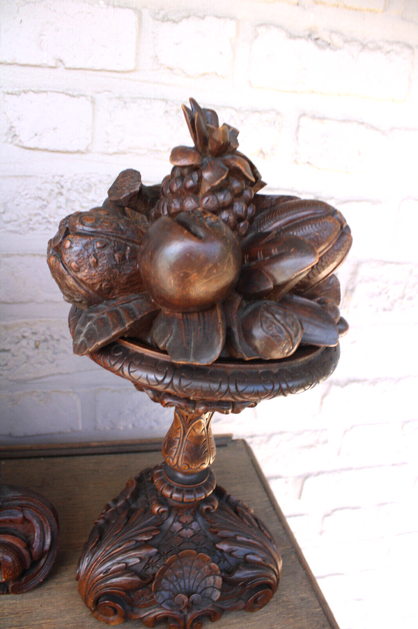 Antique Black forest wood carved mantel clock set fruit devil decor rare 19thc