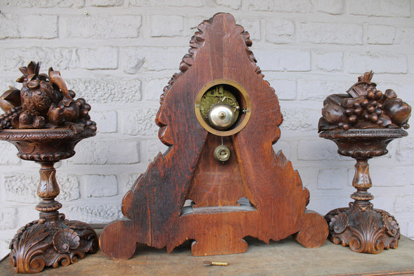 Antique Black forest wood carved mantel clock set fruit devil decor rare 19thc