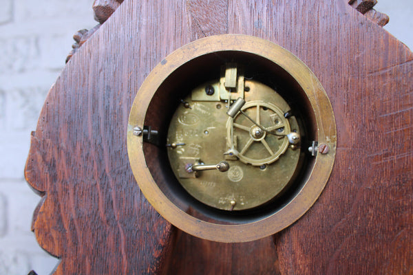 Antique Black forest wood carved mantel clock set fruit devil decor rare 19thc