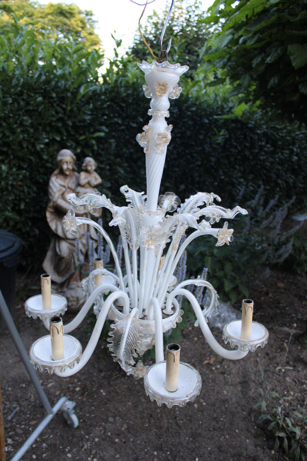 Murano hand blown glass 6 arms chandelier white gold accent 1970s