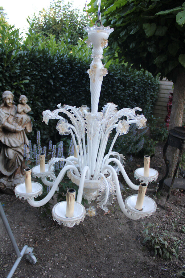 Murano hand blown glass 6 arms chandelier white gold accent 1970s