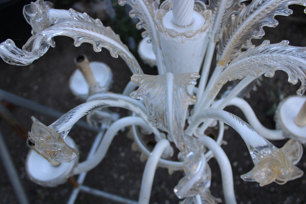 Murano hand blown glass 6 arms chandelier white gold accent 1970s