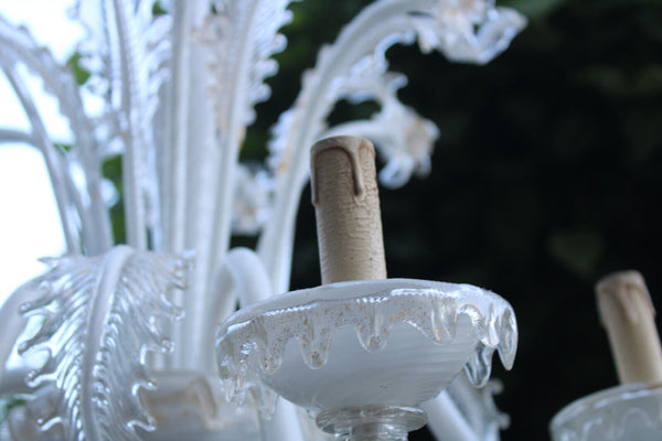 Murano hand blown glass 6 arms chandelier white gold accent 1970s