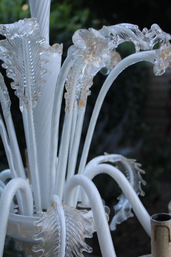 Murano hand blown glass 6 arms chandelier white gold accent 1970s