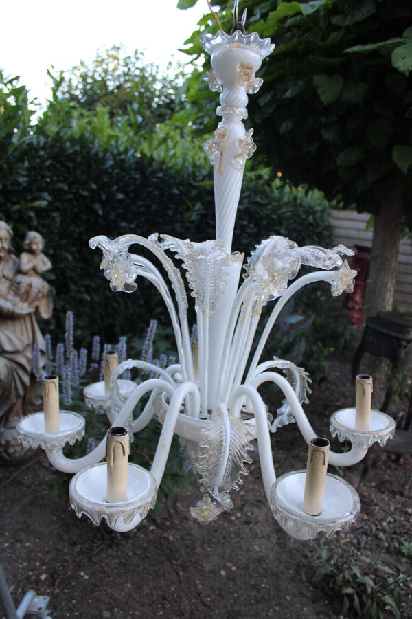 Murano hand blown glass 6 arms chandelier white gold accent 1970s