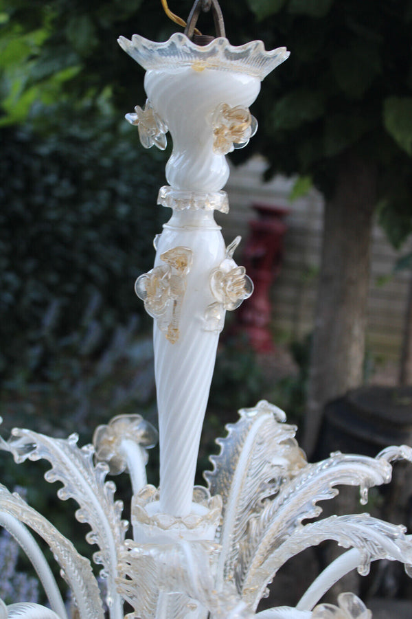 Murano hand blown glass 6 arms chandelier white gold accent 1970s