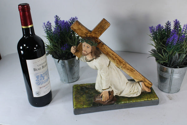 Antique religious jesus christ cross carrying sculpture statue ceramic chalk