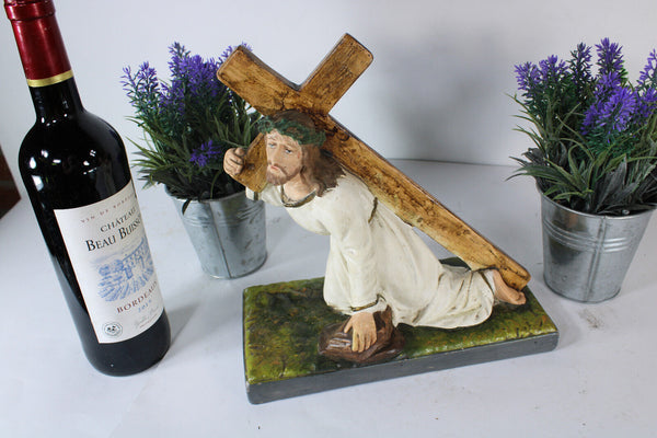 Antique religious jesus christ cross carrying sculpture statue ceramic chalk