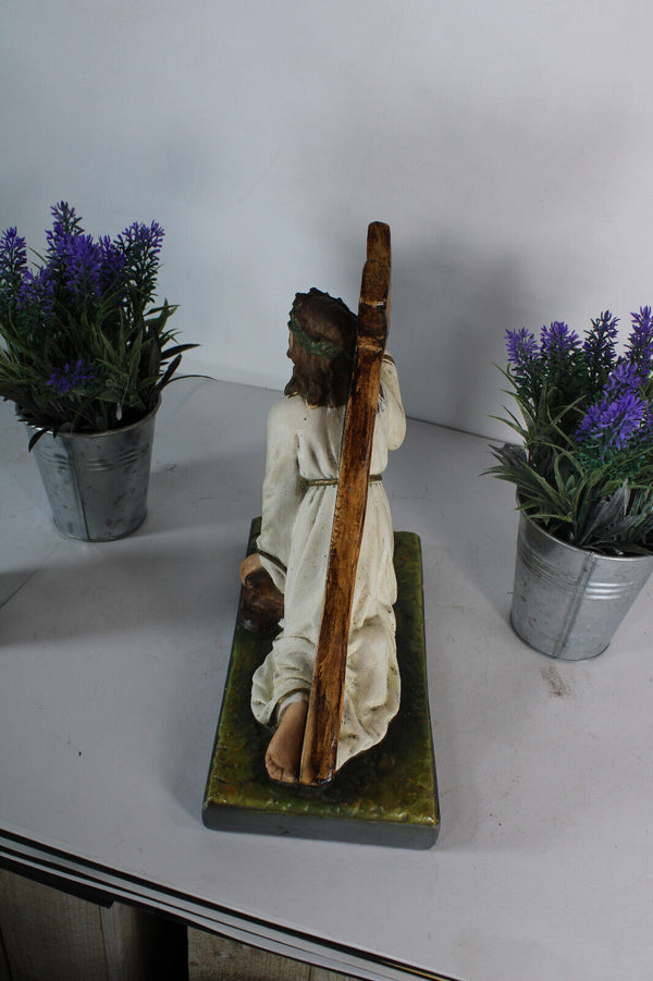 Antique religious jesus christ cross carrying sculpture statue ceramic chalk