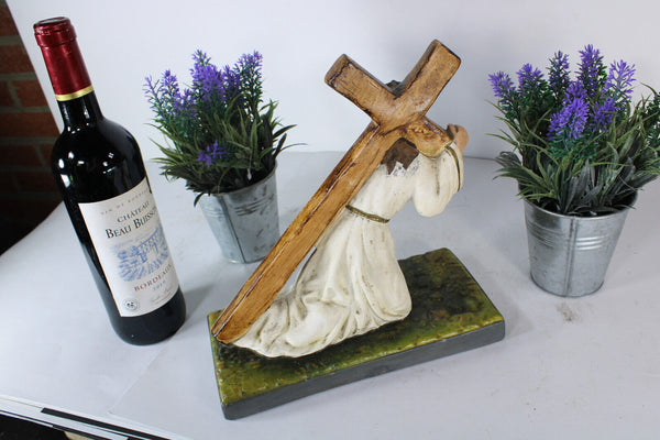 Antique religious jesus christ cross carrying sculpture statue ceramic chalk