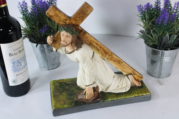 Antique religious jesus christ cross carrying sculpture statue ceramic chalk